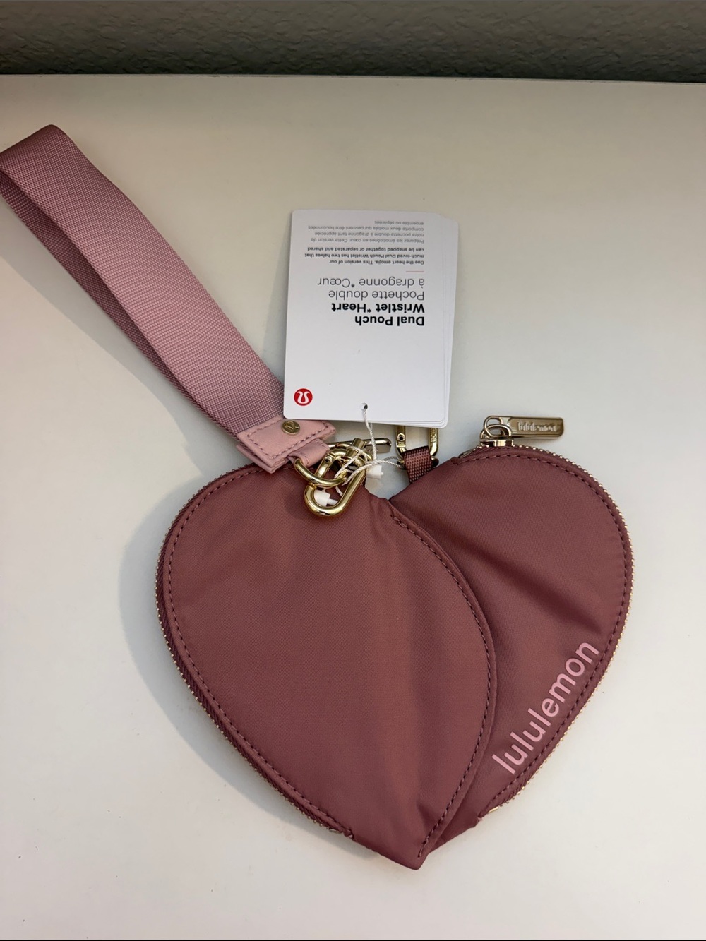 lululemon Dusty Rose Heart Dual Pouch Wristlet